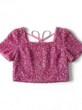 On Twelfth Sequin Festival Barbiecore Pink Square-Neck Crop Top with Tie Back
